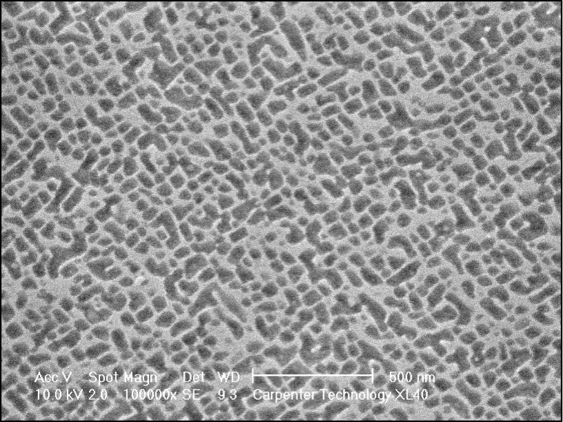 Secondary electron image showing the pits left behind in a specimen after the γ’ precipitates were dissolved. 